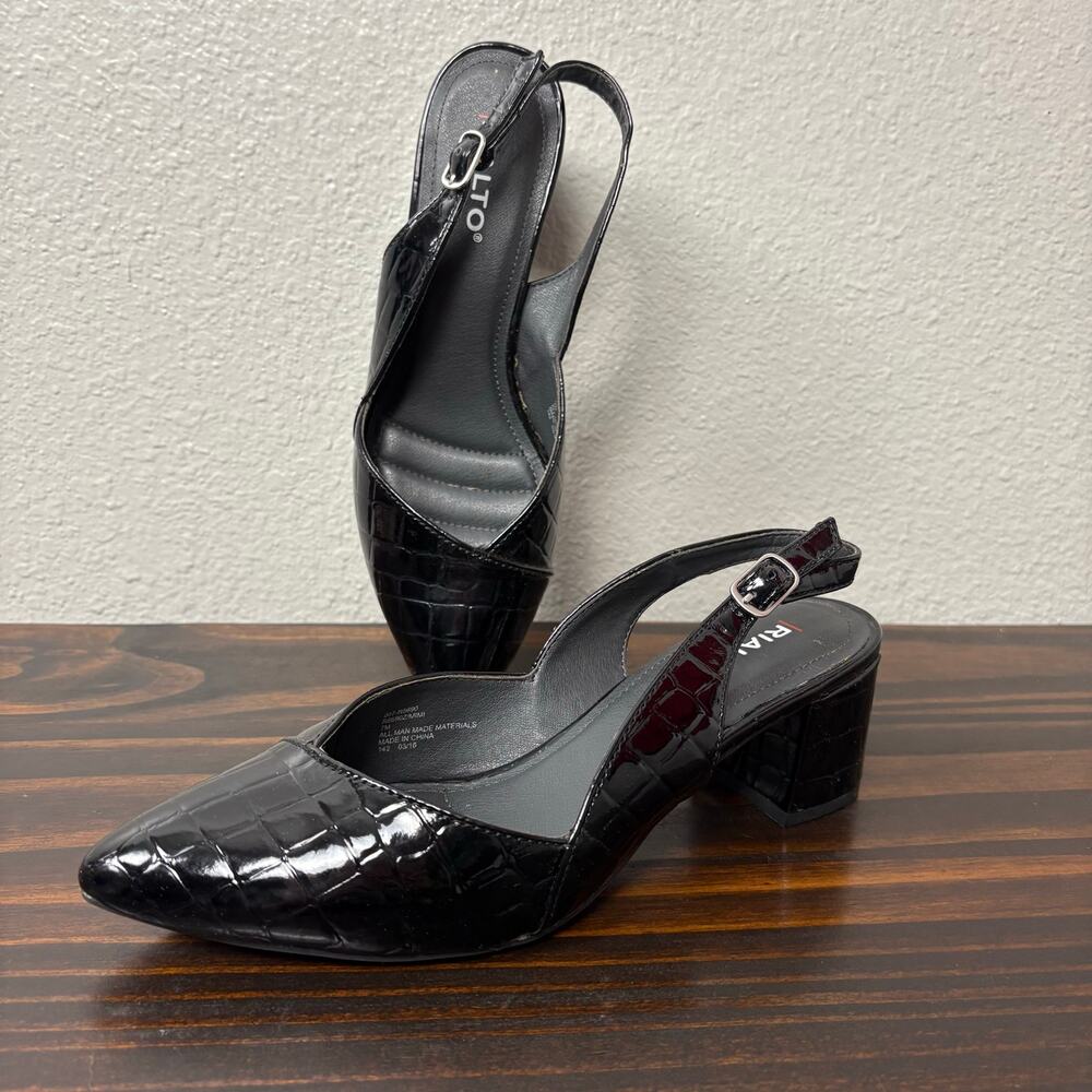 Rialto Women’s Size 7M Black Pointed Slingback Silver Buckle Chunky Heeled Pumps